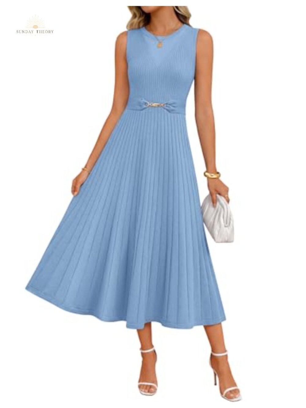 Sleeveless Knit Midi Dress Pleated Sweater Dress Belted A-Line